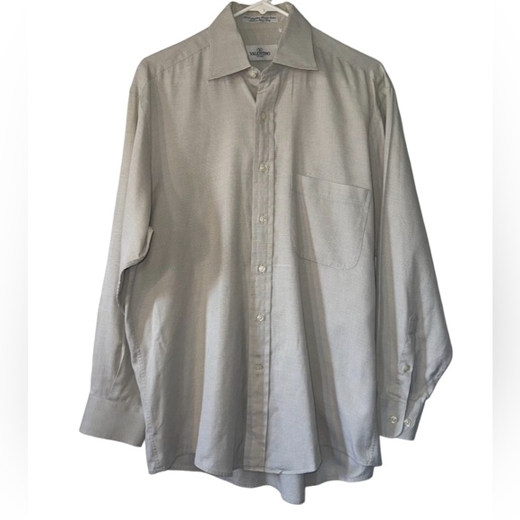 VALENTINO UOMO Men’s White/Tan Egyptian Cotton Dress Shirt- Size 15 1/2 Neck - Picture 1 of 12